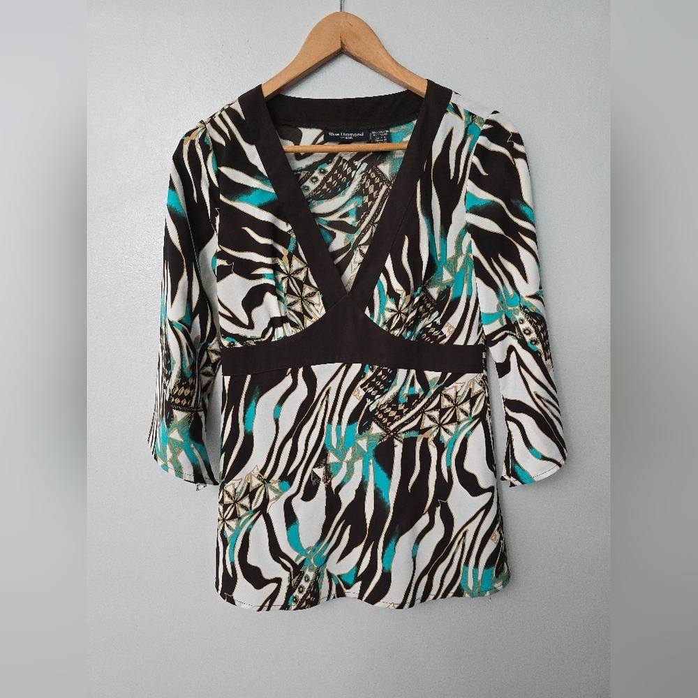 Vtg Y2K Babydoll Top 3/4 Spilt Sleeve Women Size Small Retro Blue Diamond